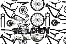 Schwarzweiss Bild mit Veloteilen, das erklärt, dass der Velo-Flohmarkt Teilchenbeschleuniger wieder stattfindet. 