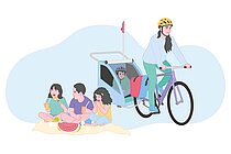Ein Bild das eine Frau auf dem Fahrrad mit Kinderanhänger zeigt.