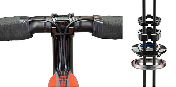 Frontansicht eines Rennradlenkers, bei dem die Schaltkabel und Bremszüge unter dem Vorbau verlaufen. 