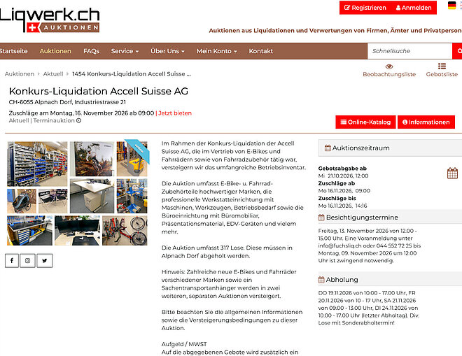 Screenshot der Ankündigung der Accell Suisse-Liquidation.