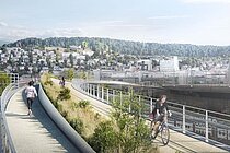 Der begrünte Mittelstreifen soll für erhöhte Aufenthaltsqualität sorgen. Die Landschaftsbrücke soll einst über das Gleisfeld führen