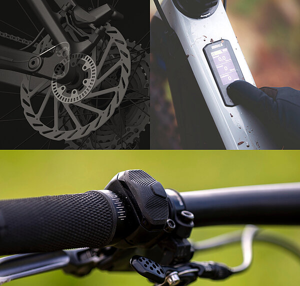 Display im Oberrohr eines E-Mountainbikes und Lenker mit Bedieneinheit für Mahle-System.