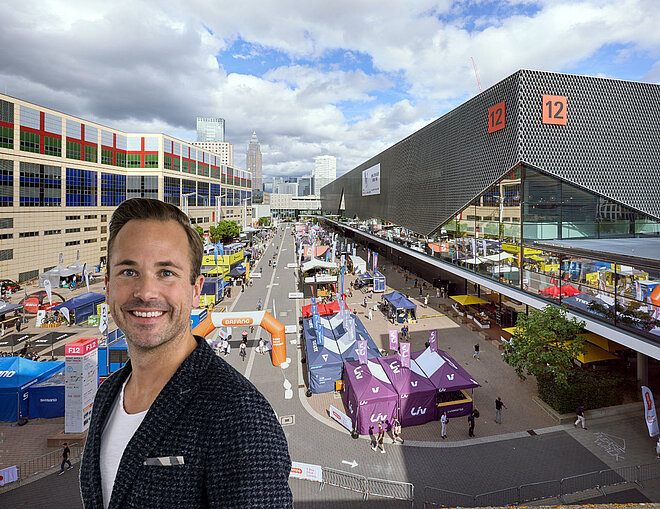 Fairnamic-GF Philipp Ferger und Gelände der Messe Frankfurt.