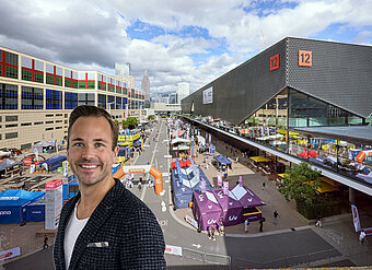 Fairnamic-GF Philipp Ferger und Gelände der Messe Frankfurt.