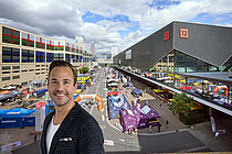 Fairnamic-GF Philipp Ferger und Gelände der Messe Frankfurt.