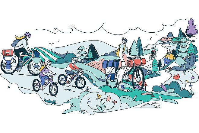 Illustration von Victor Rigo. Eine Familie mit Velos auf einem Ausflug.